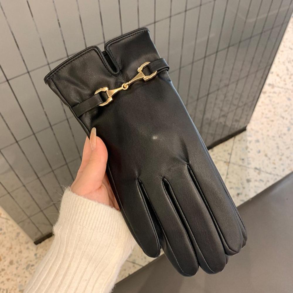 PU Full Finger Mittens Chain  Gloves Elegant Women Leather Gloves  Ladies