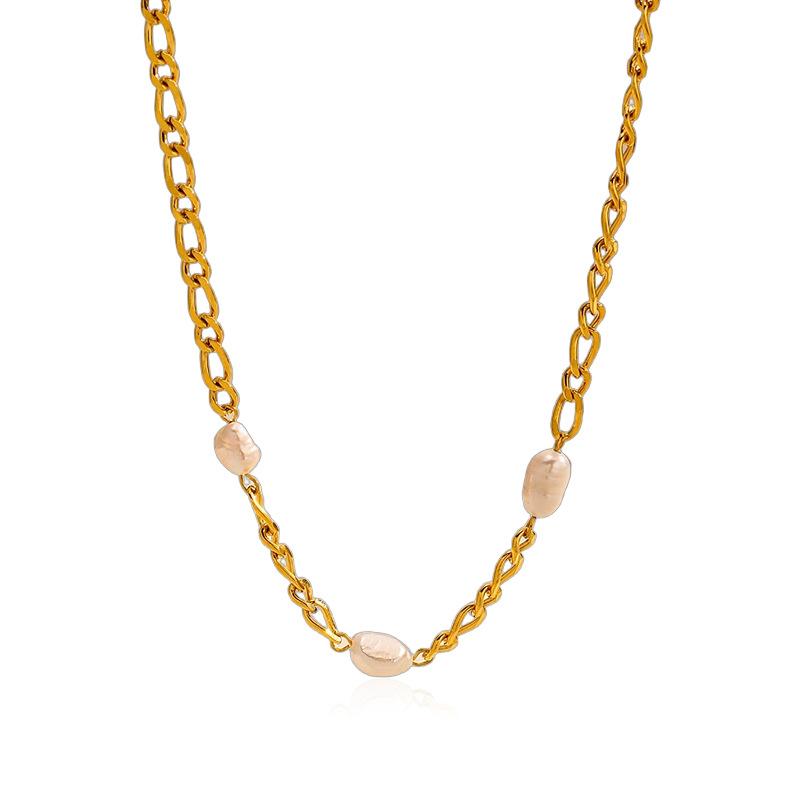 French Light Luxury Natural Imitation Baroque Pearl Necklace Simple Titanium Steel Gold Cuban Clavicle Chain Commuter Versatile