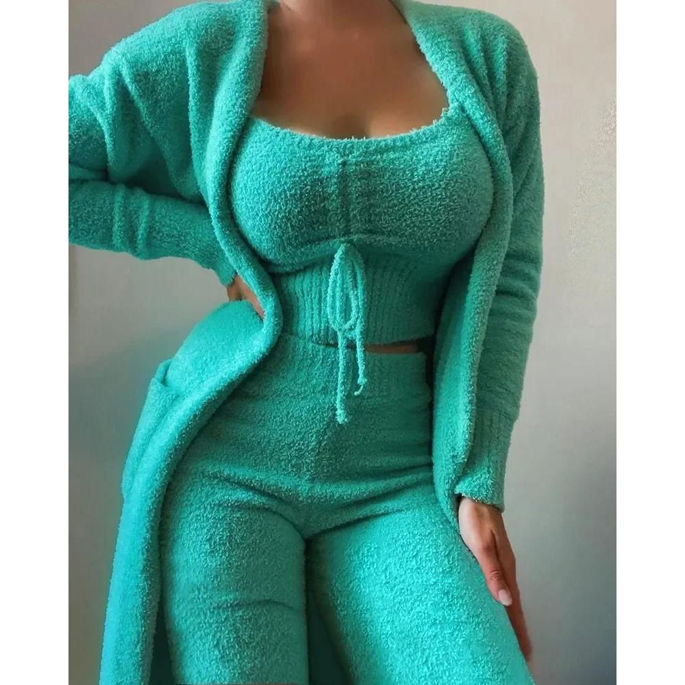 New Luxury Women's Plush Pajamas Set Crop Top+Long Pants+Coat 3 Pieces Suit Homewear Female Matching Sets Warm Pyjamas Pjs