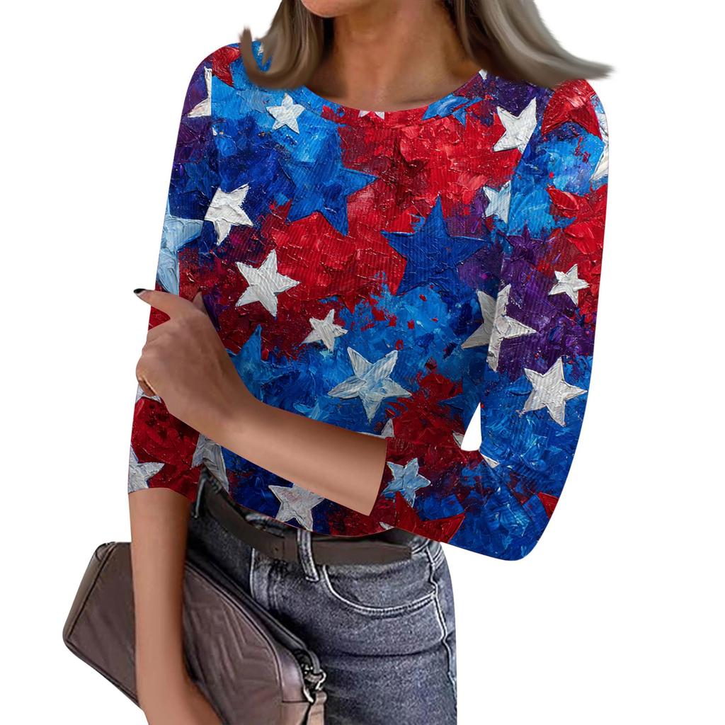Women's Casual Fashion Round Neck Independence Day Print Three-Quarter Sleeve Ribbed Top