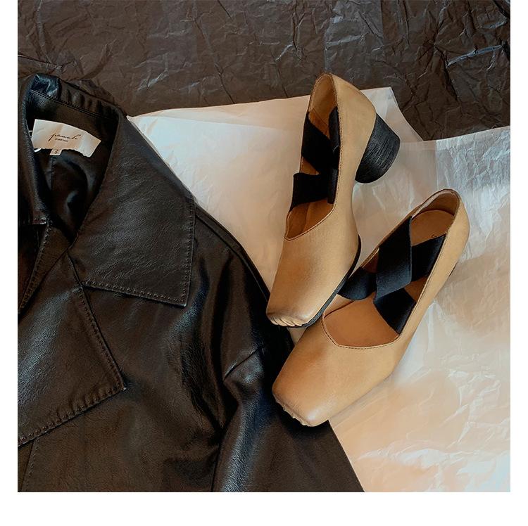 Fårskinnsversion retrostil korsläder fyrkantig tå balett enkelsskor dam nisch mörka Mary Jane skor små läderskor