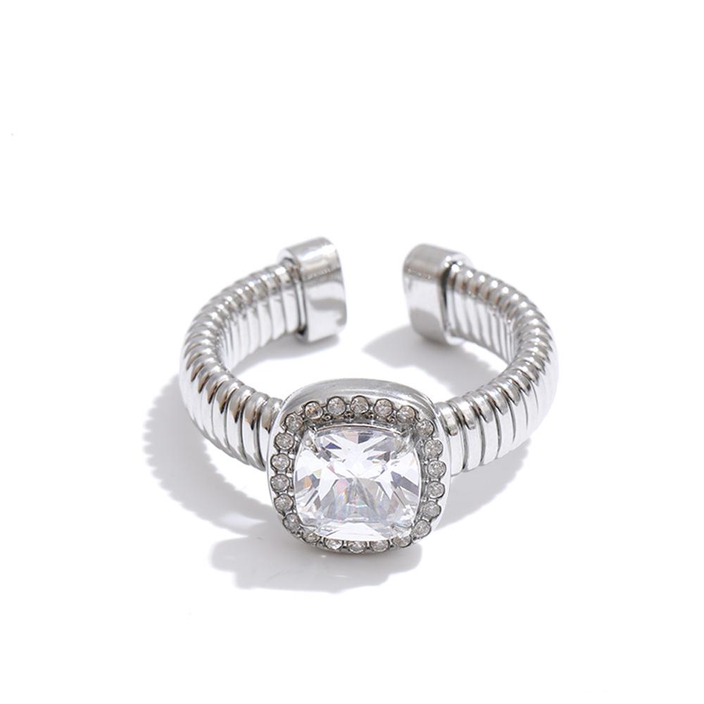 Eetit Stainless Steel Open Ring Finger Jewelry Fashion Square Cubic Zirconia Adjustable Ring for Women 18K Golden PVD Plated