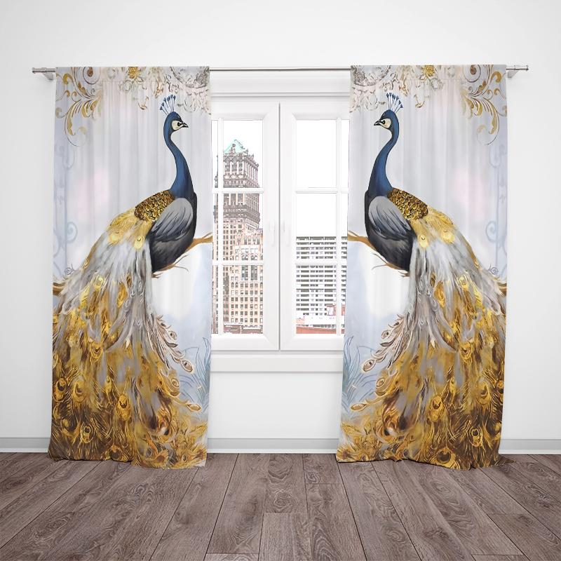 2pcs- Golden Elegant Peacock Polyester Fabric Curtains, Bathroom, Bedroom, Living Room, and Family Space Ornamental Curtains