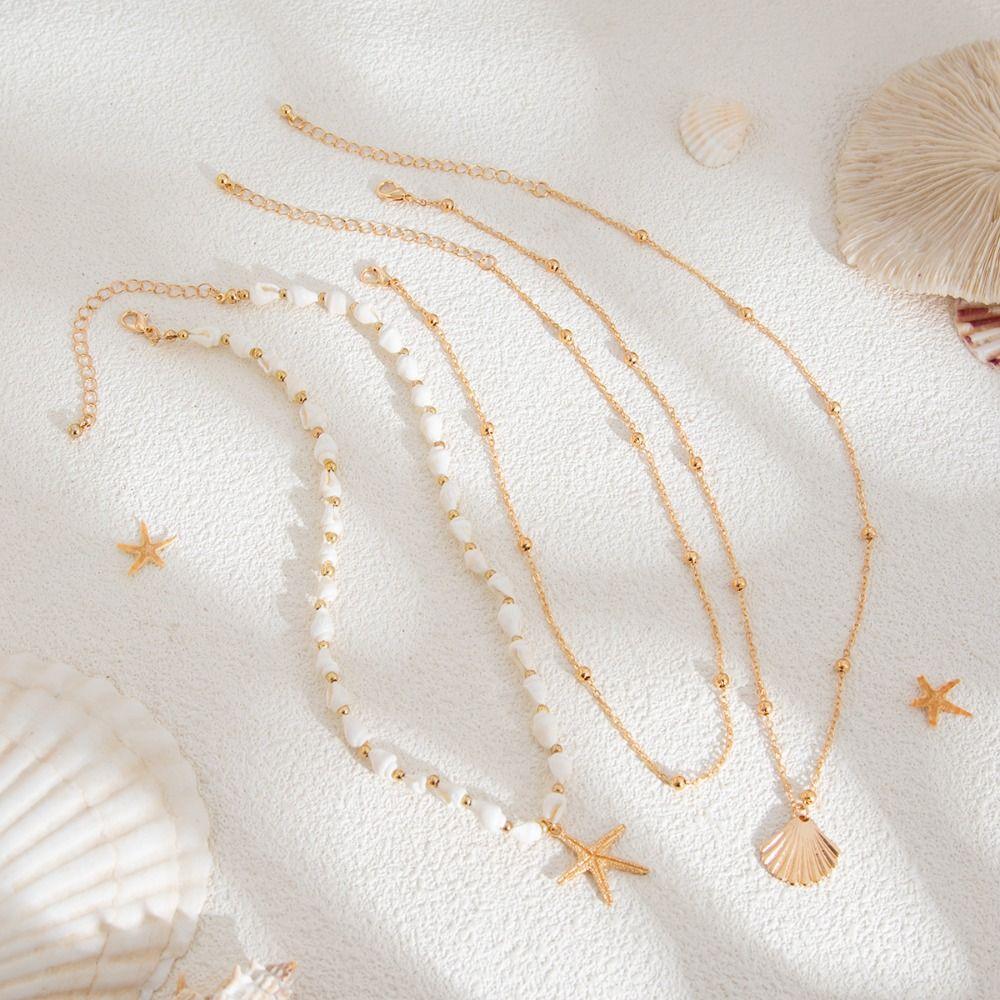 Starfish Shell Multilayer Necklace Mulitlayer Pearl Beaded Necklace Clavicle Chain Women  Beach
