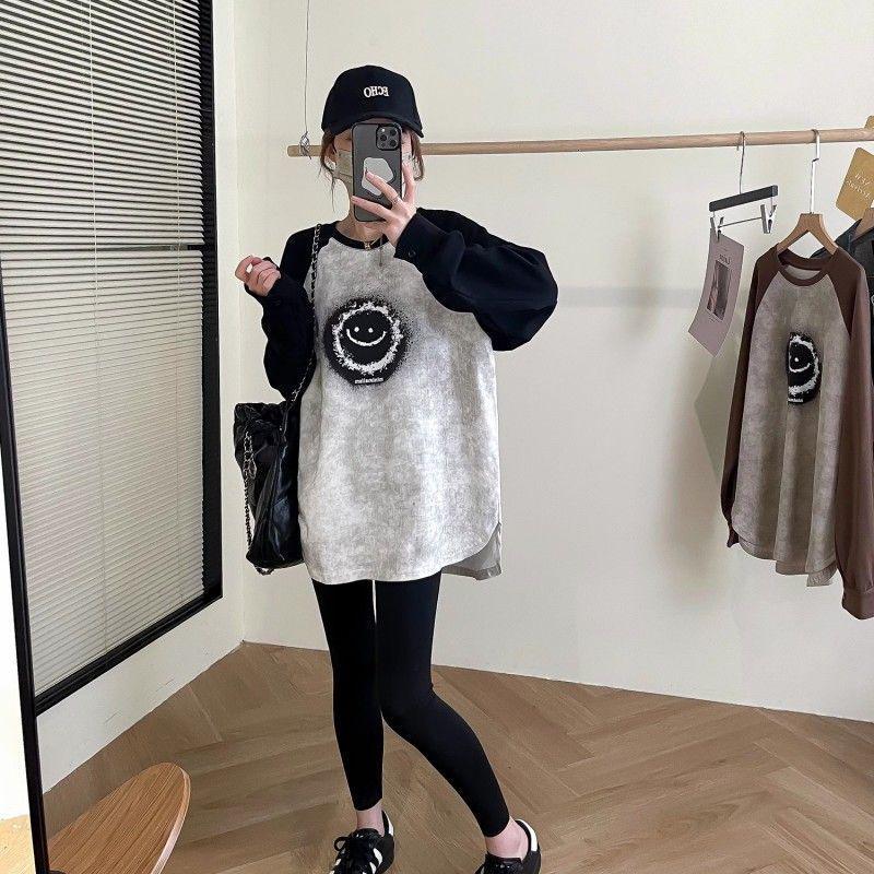 

Plus Size Velvet Color Block Raglan Long Sleeve T-shirt, Women s Slimming Base Layer, Spring/Autumn Mid-Length Loose Fit S