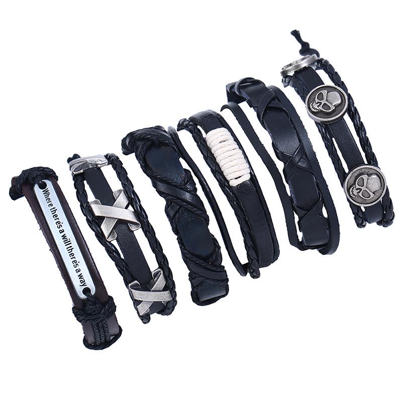 Handmade Metal Letter Cross Skull Bracelets Sets Multilayer Leather Bracelet for Men Women