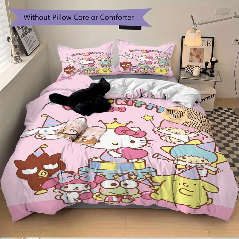 3pcs Party Hello Kitty and Friends Bedding Set - 1 Soft Quilt Cover + 2 Pillowcases, Machine Washable - Suitable for All Seasons, Perfect Gi