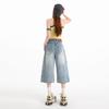 Fashion Summer Washed Light Blue Cropped Capri Denim Pants For Tall Women Loose Wide Leg Trendy Versatile Slimming FigureFlattering Bottoms