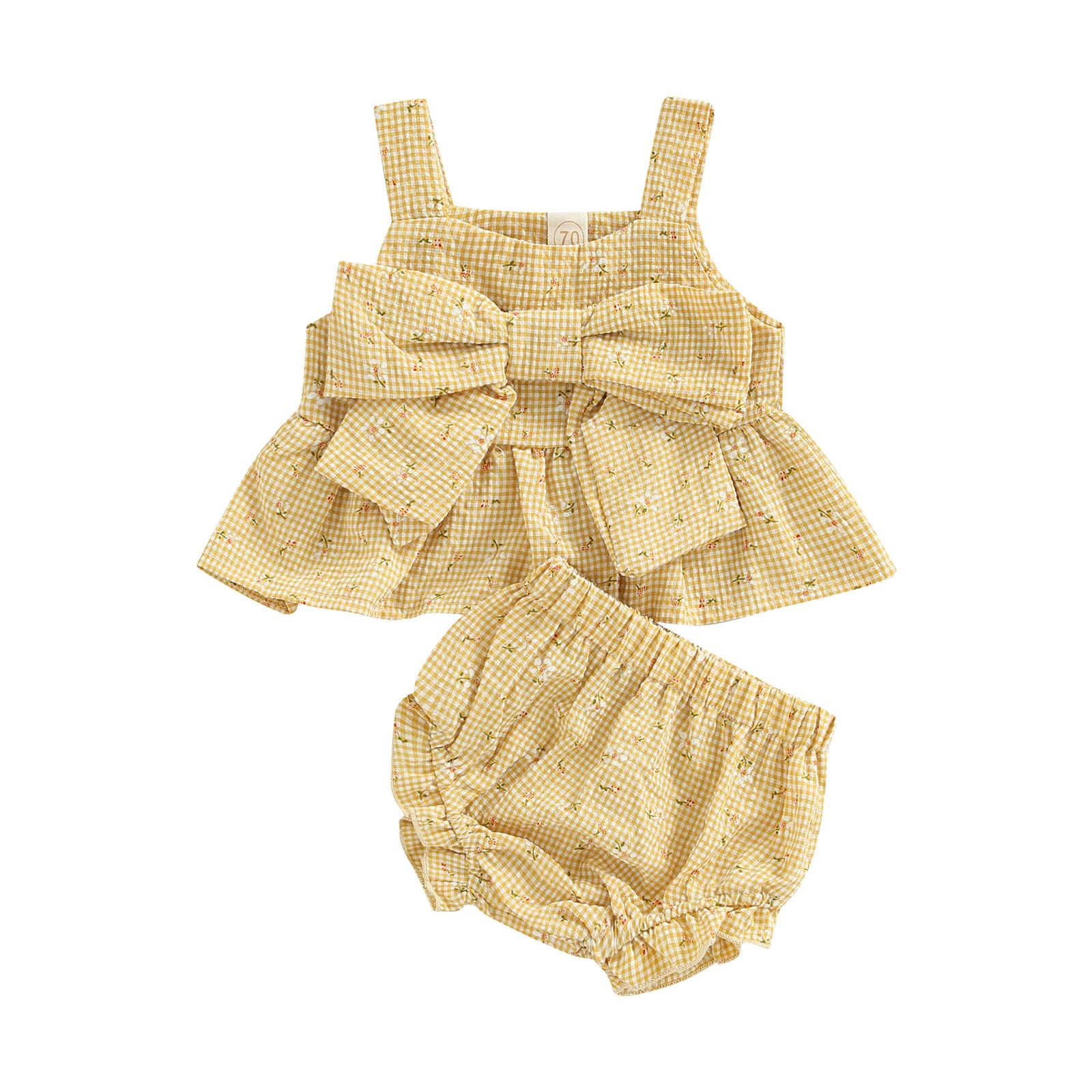 

Newborn Infant Baby Girl 2 Pcs Outfits Summer Clothing Suit Plaid Pattern Floral Printed Bowknot Suspender Tops Shorts Set 110