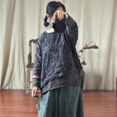 Women Vintage Button Coats O-neck Long Sleeve Print Floral Loose Clothes Autumn Cotton Linen Casual Coat