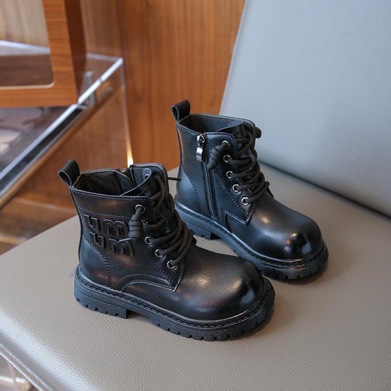 Girls Martin boots British style two cotton short boots 2025 new autumn and winter velvet boys warm cotton boots children's leather boots