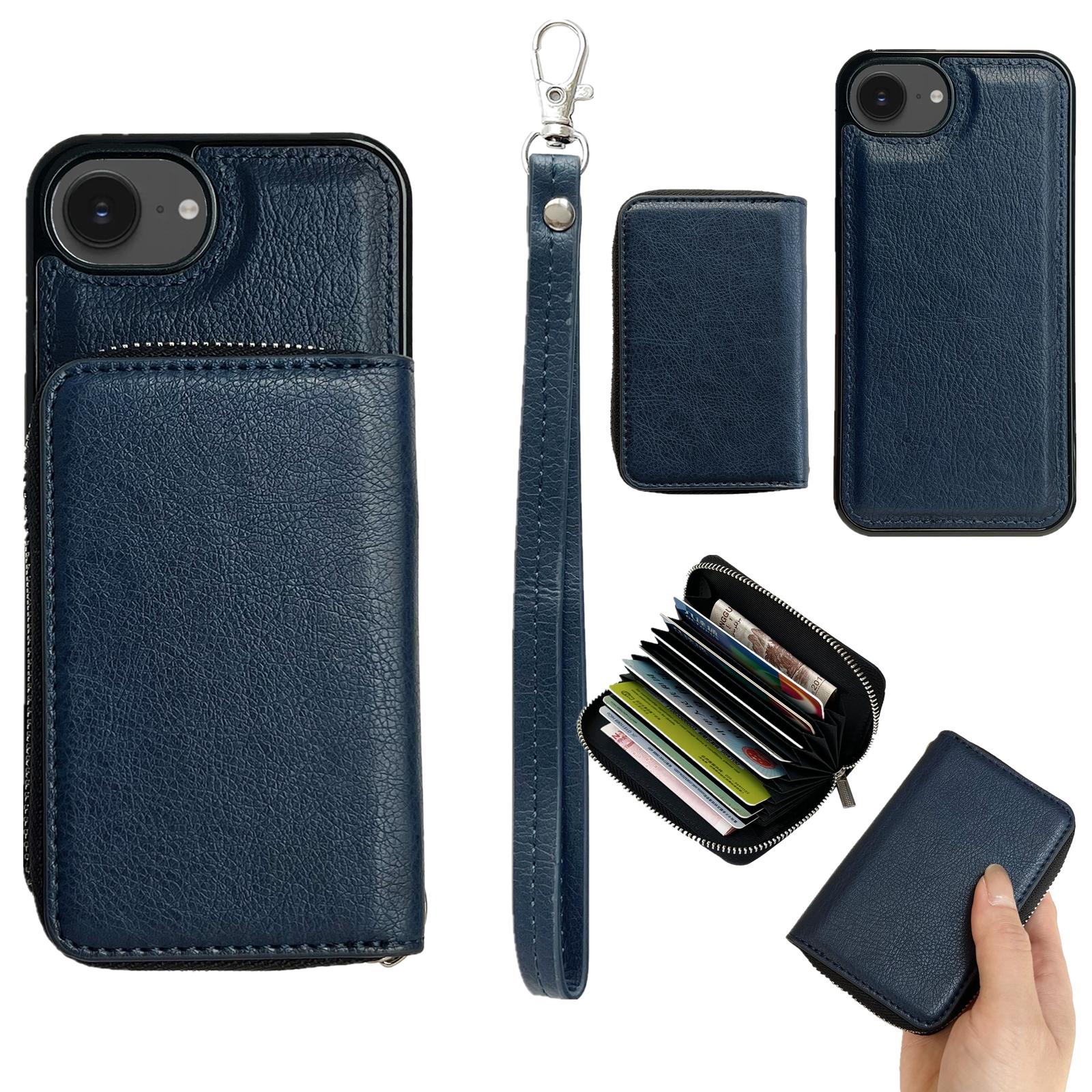 

Чехол для iPhone 16e Съемный карман на молнии для карт PU TPU Подставка Чехол для телефона с ремешком Sapphire