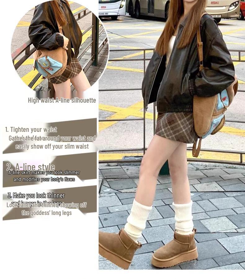 Women's High Waist Gray Plaid Woolen A-line Short Skirt - Autumn 2025 Edition