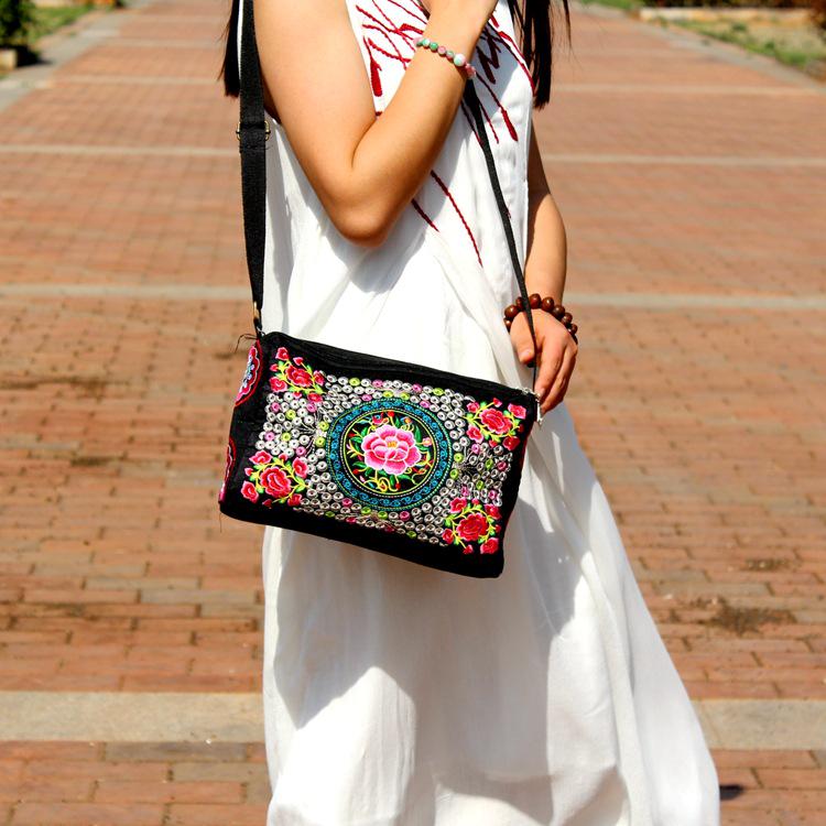 Yunnan Ethnic Embroidered One-Shoulder Crossbody Bag with Three Zippers - Large Size for Ladies