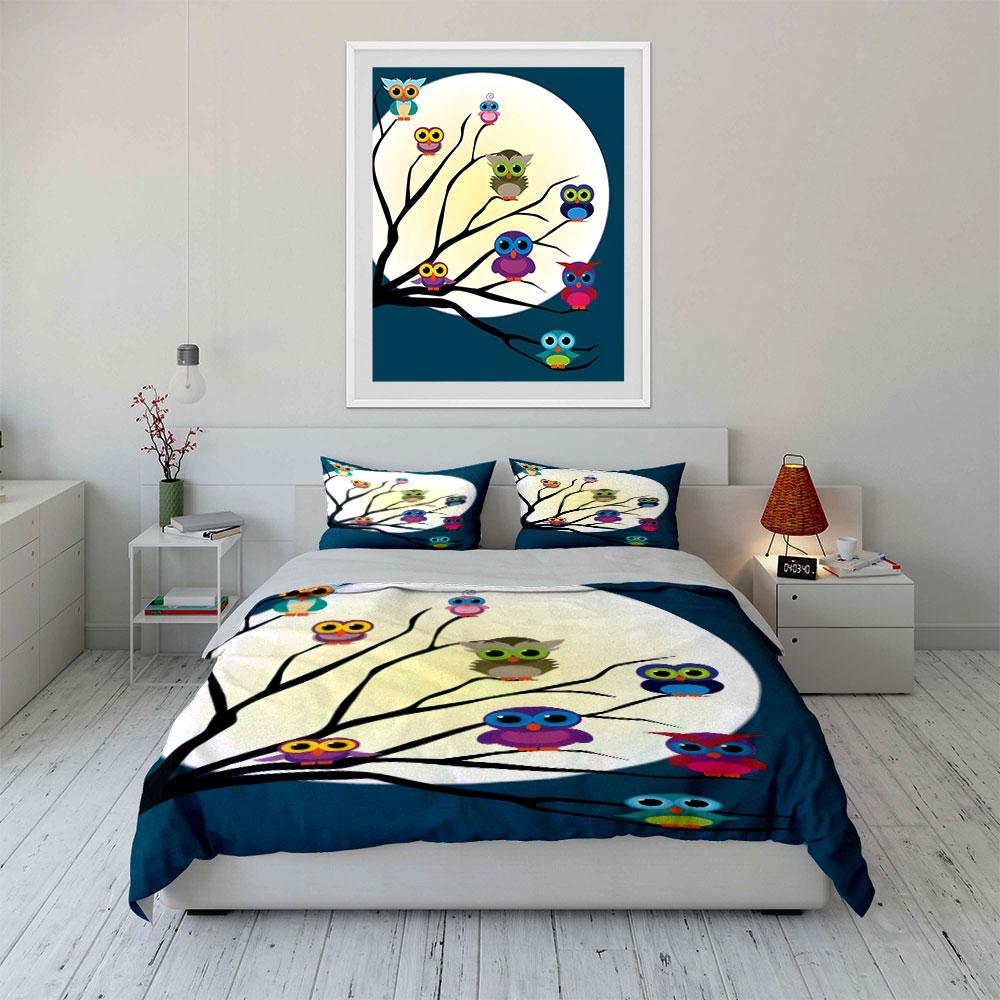 Colorful owls on branches. Bedding sets Duvet cover sets Duvet covers Pillowcases(1*Duvet Cover 2*Pillowcases without duvet insert)