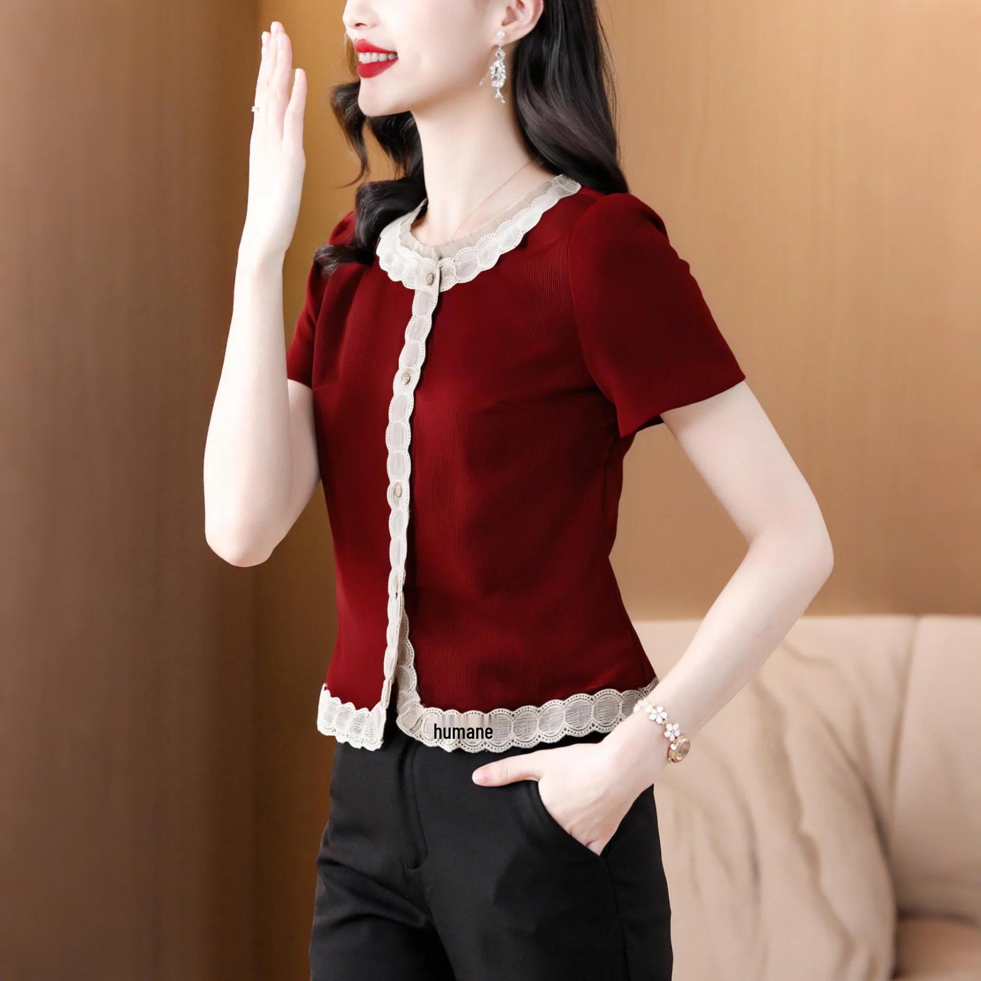 

Летняя блузка пэчворк с кружевной отделкой для женщин, стройнящая, скрывающая живот, с коротким рукавом, милый топ Medium красный