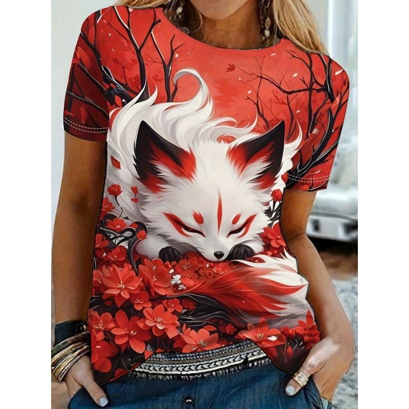 Women's Short-sleeved Round-neck T-shirt with Fox Pattern Print