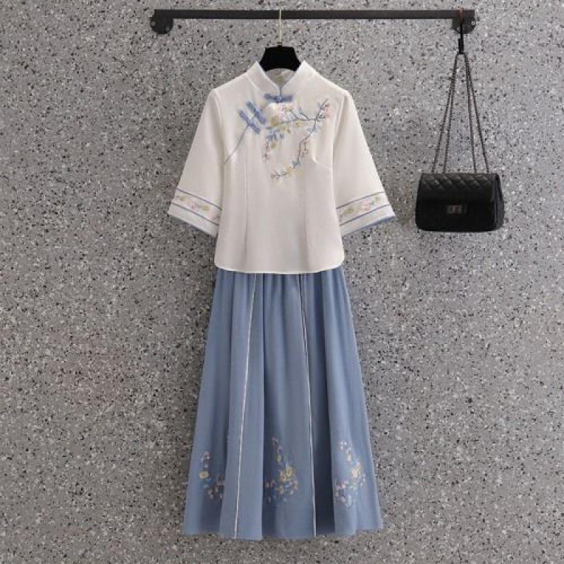 Spring Republic Women's Hanfu Tea Ceremony Dress: Tang Suit Slimming Embroidered Cheongsam Two-Piece Set