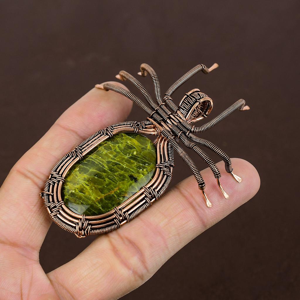 Green Opal Handmade Copper Wire Wrap Spider Pendant 2.56" M7q95