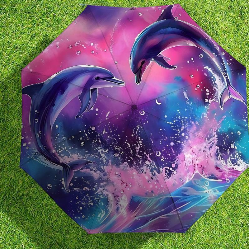 1pc Dolphins Heart Automatic Folding Umbrella 8 Rib Iron Frame, Suitable for Travel, Daily Use, Birthday, Women & Men Gift c1231062