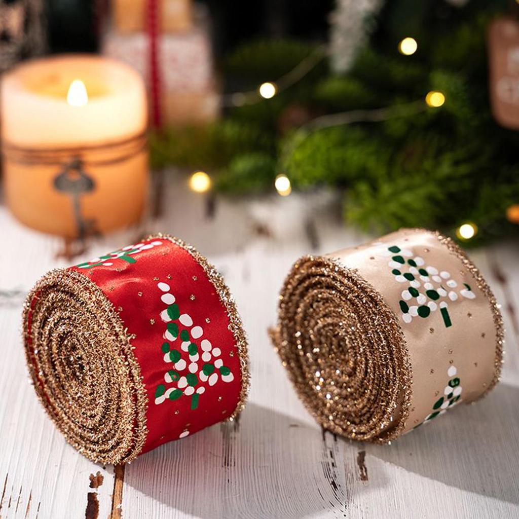 Wired Edge Christmas Ribbon 2 Rolls Wired Edge Tree Decoration Winter Holiday Wrapping Ribbon For Party Stairs Window Garden