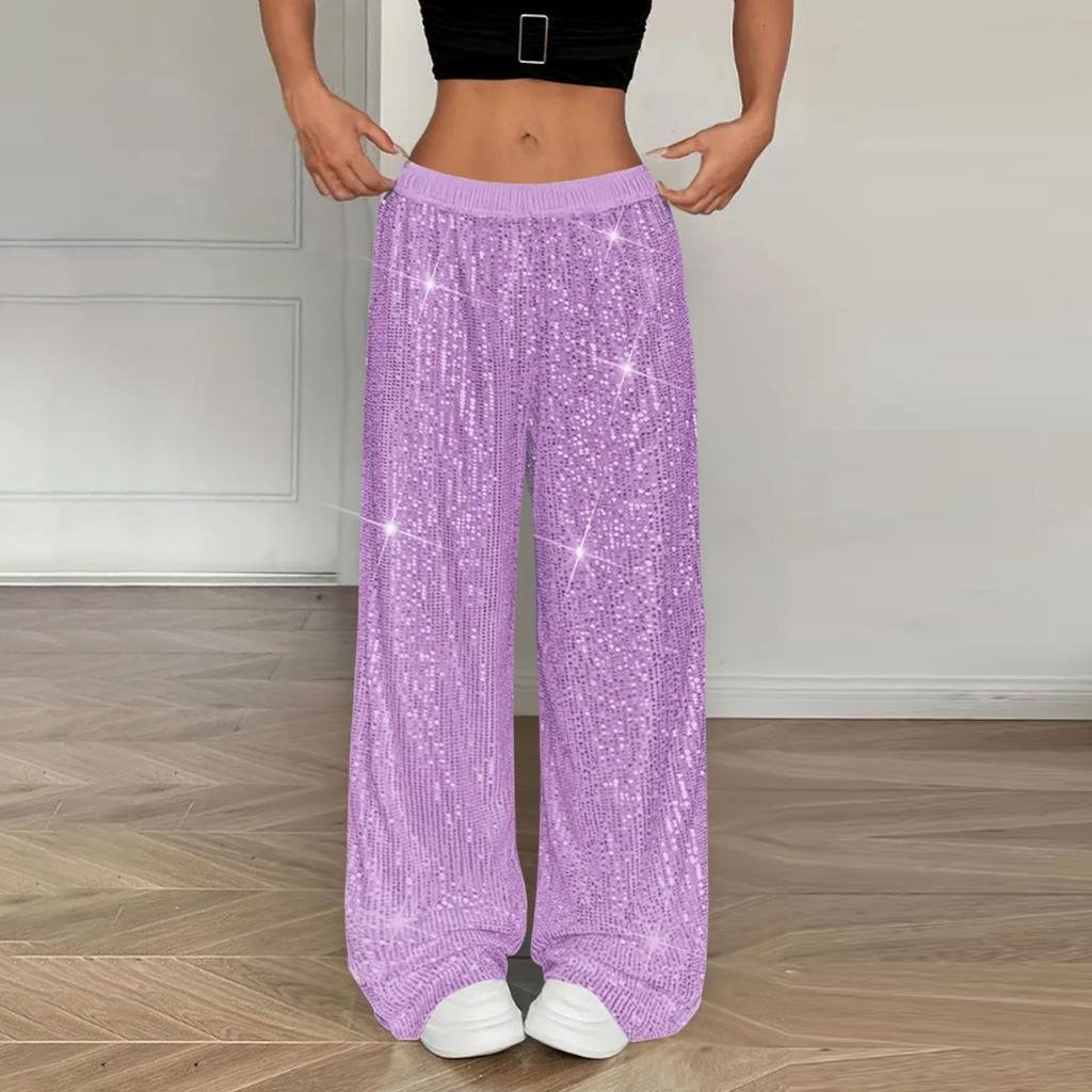 Sequin Pants Women Stretchy High Waist Wide Leg Pant Casual Loose Glitter Trousers Bling Party Clubwear