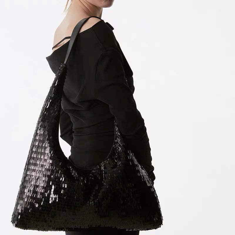 Sparkly Sequin Shoulder Bag Women Chic Streetwear Crossbody Handbag Medium Size Black