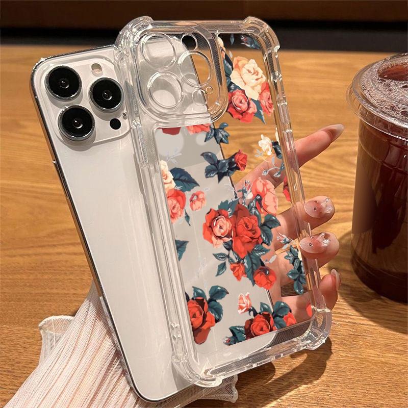 Dla iPhone 16E 16 Pro Max 15 14 Pro 13 12 11 Etui Obudowa Wzór Kwiatowy Przezroczysty Odporne na Wstrząsy Ochrona Obiektywu Miękki Silikon Cienkie Etui na Telefon