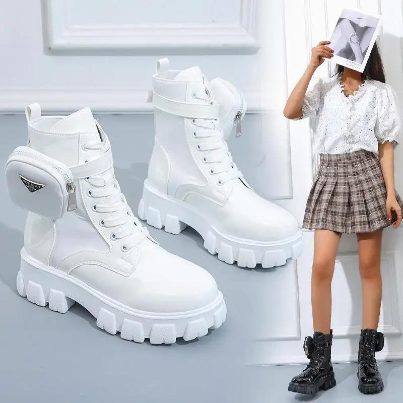 Women Boots New In Motorcycle Ankle Boots Wedges Female Lace Up Platforms White Black Leather Oxford Shoes Women Boots