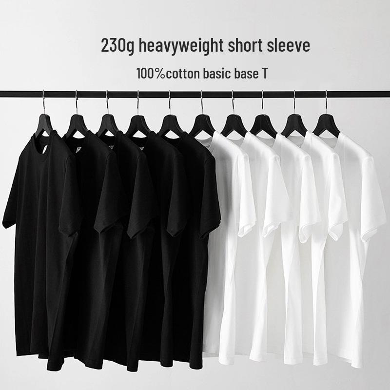 230g Heavyweight Combed Cotton Unisex Loose-Fit Black/White T-Shirt – Trendy Summer Short Sleeve