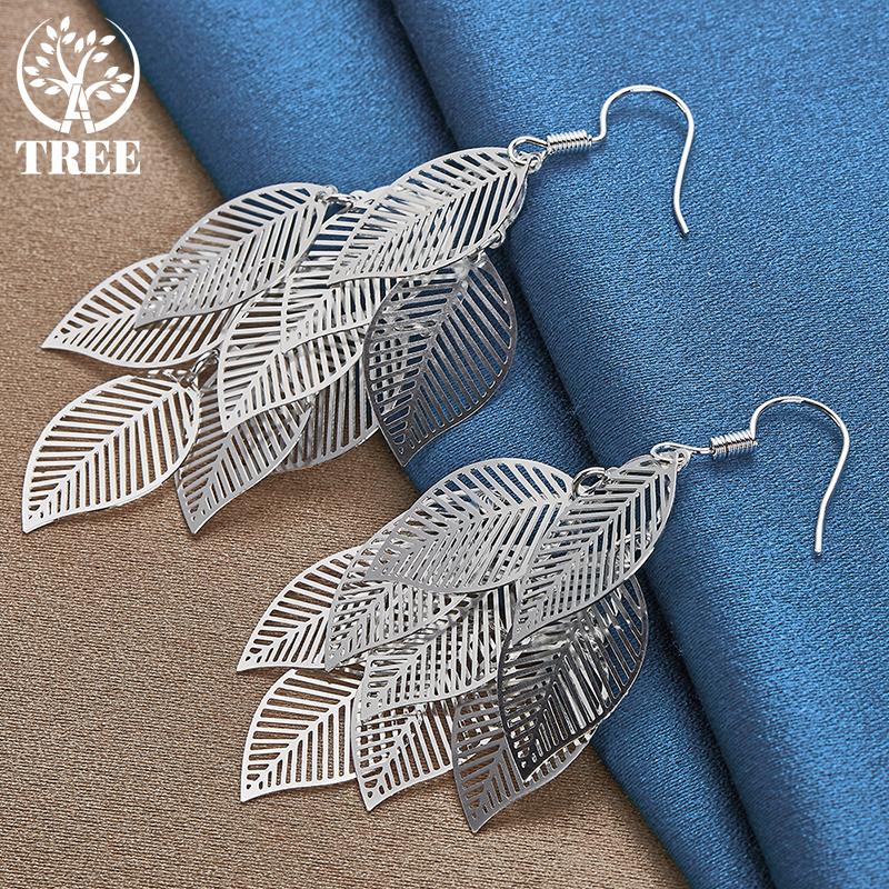 925 Sterling Silver Woman Layered Hollow Leaves Tassel Long Drop Earrings Jewelry