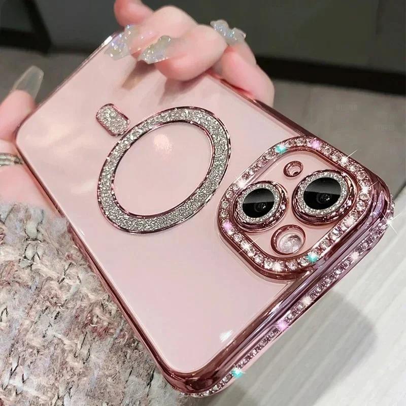 Bling Crystal Lens Film Phone Case For iPhone 16 15 11 12 13 14 Pro Max Plus For Magsafe Magnetic Wireless Charging Clear Cover