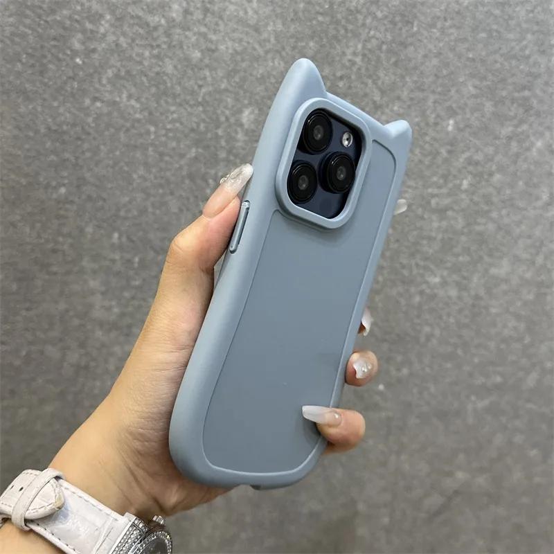 Cute 3D Kitten Cat Ear Solid Color Case For iPhone 17 16 15 14 13 12 11 Pro Max 16 Plus Silicone Shockproof Bumper Back Cover