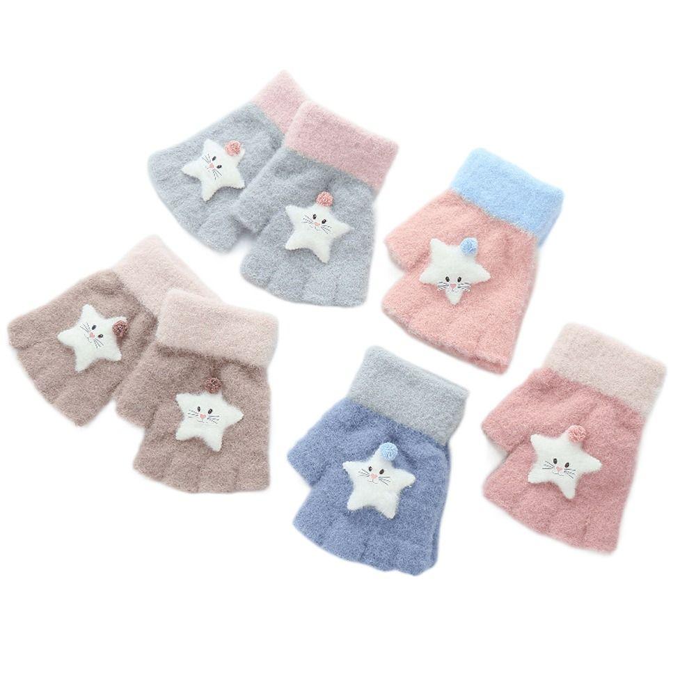 Cute Thicken Half Finger Knitted Cat Star Kids Outdoor Gloves Korean Mittens Children Winter Gloves