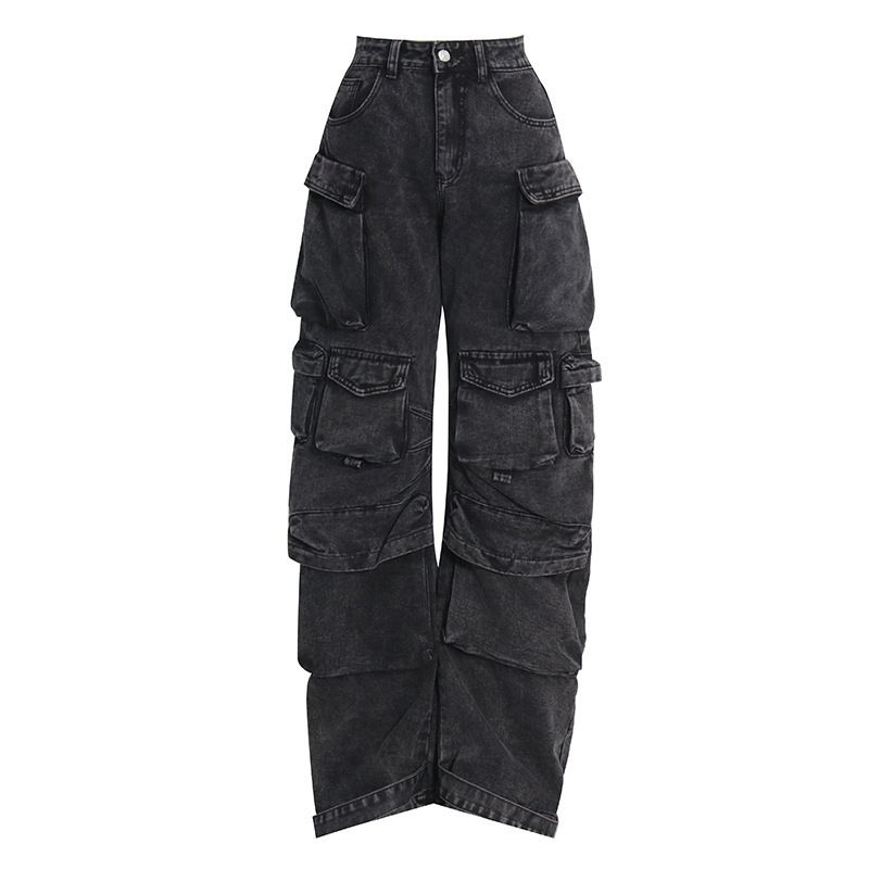 

Patchwork Pocket Street Washed and Worn Long Cargo Pants Black Gray S