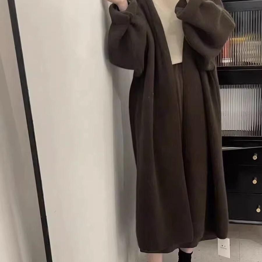Over-the-Knee Long Length Lazy Style Knitted Cardigan for Autumn Winter Loose Thickened High-End Knitted Outer Wear