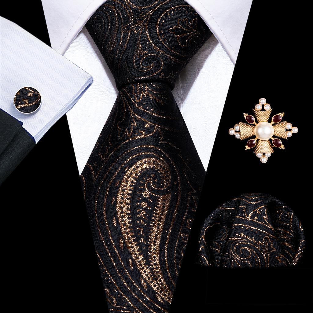 Barry.Wang Pearl sagė su kaklaraiščiu vyrams Paisley gėlių šilko kaklaraištis Hanky rankogalių sąsagų rinkinys