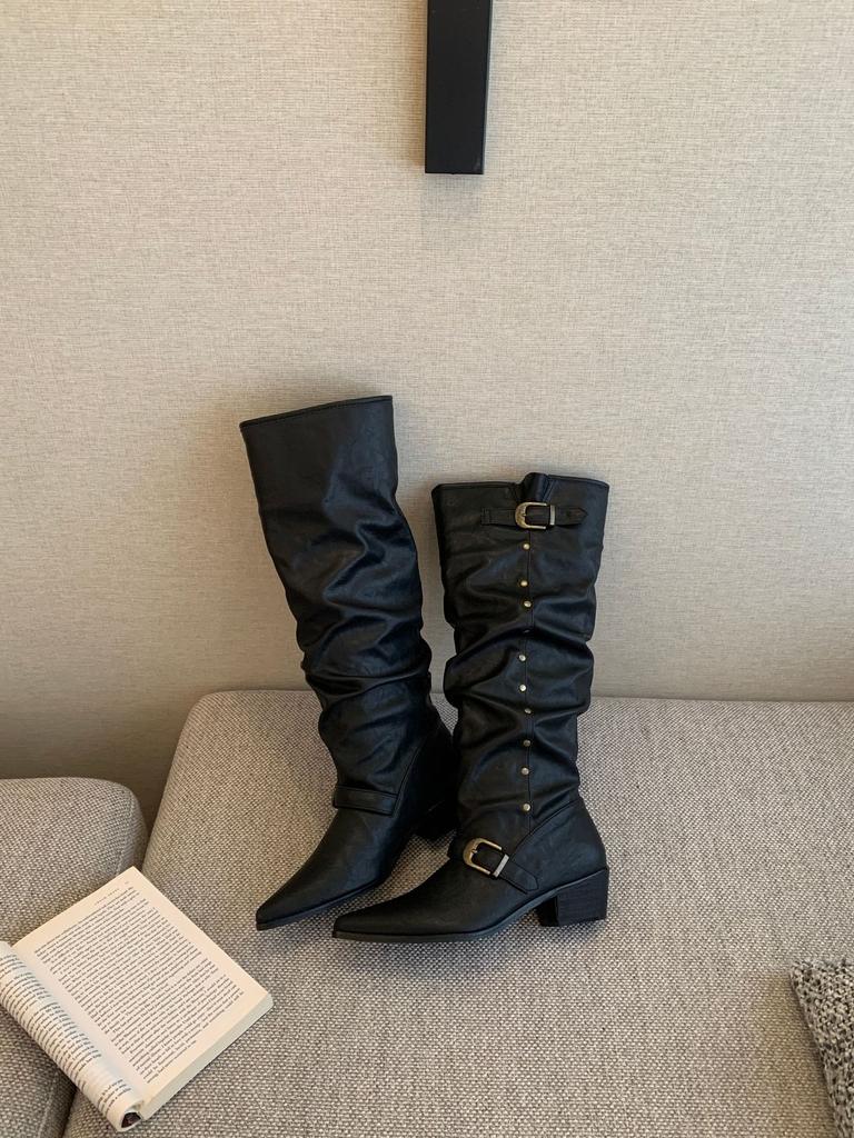 New retro western pointed head European and American thick heel sleeve fashion boots rivet belt buckle boots