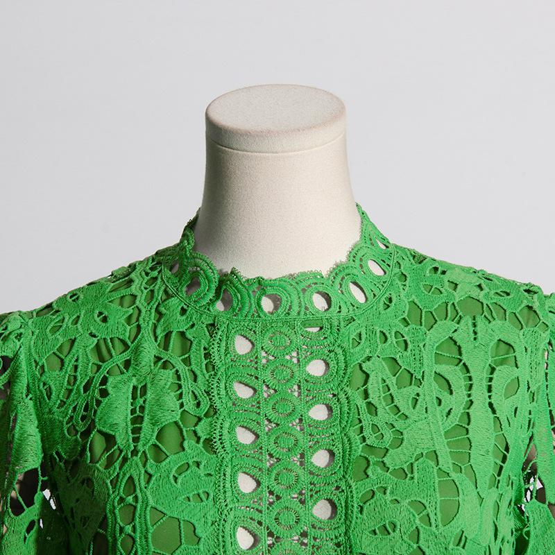 Retro Style Waist Embroidery Swing Dress Spring and Autumn Fashion Bubble Sleeve Dress Women's Medium Long Dress