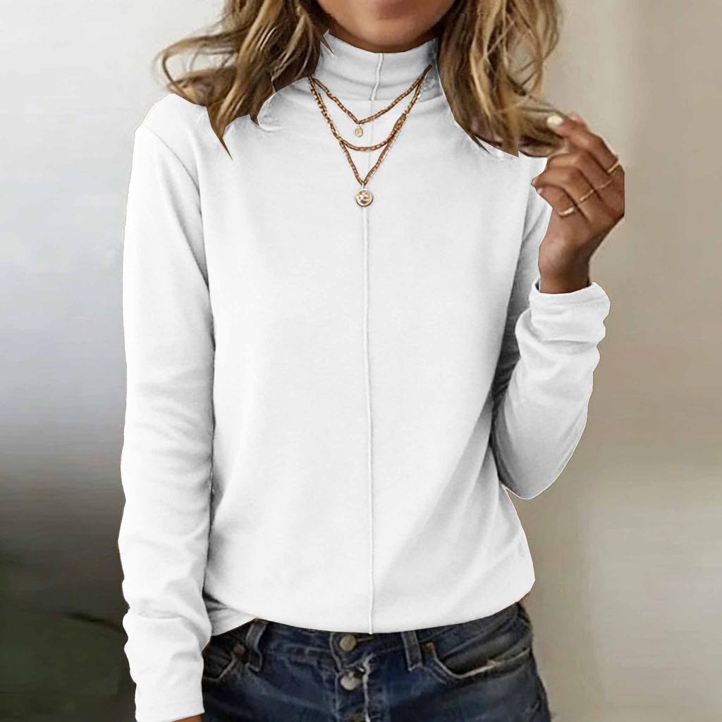 Women's Fashionable Casual Long-sleeved Solid Color Mock Neck Base Top