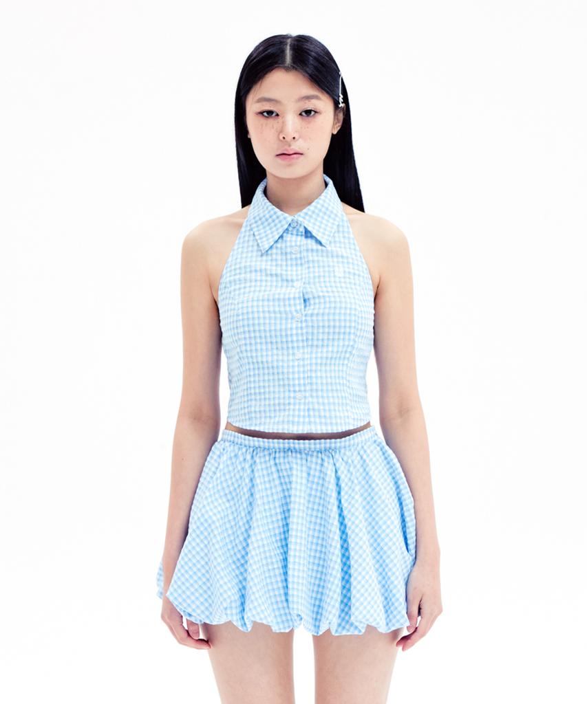YOUHEE Check Halter Neck Shirts Light Blue