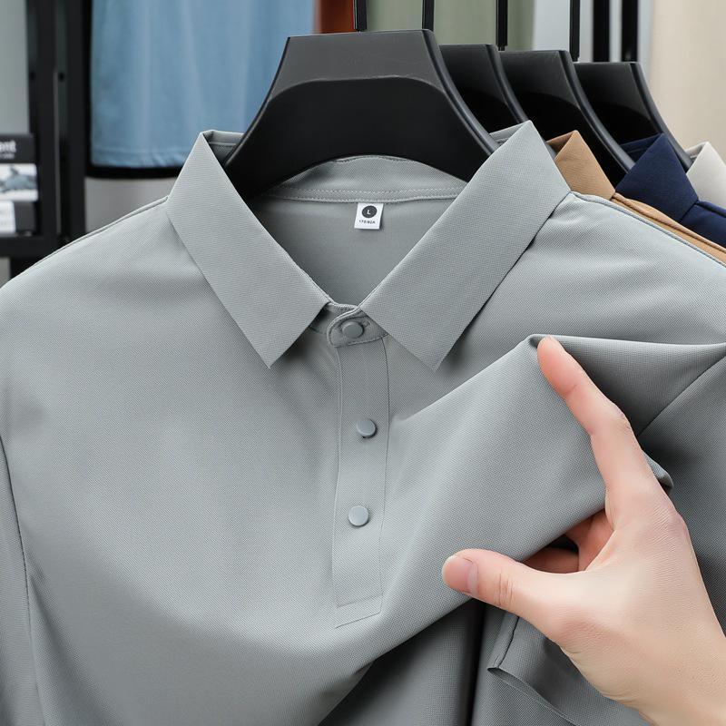 Pánské letní polo tričko z ledového hedvábí - Elastické, nemačkavé, jednobarevné, krátký rukáv, Business Casual s límečkem.