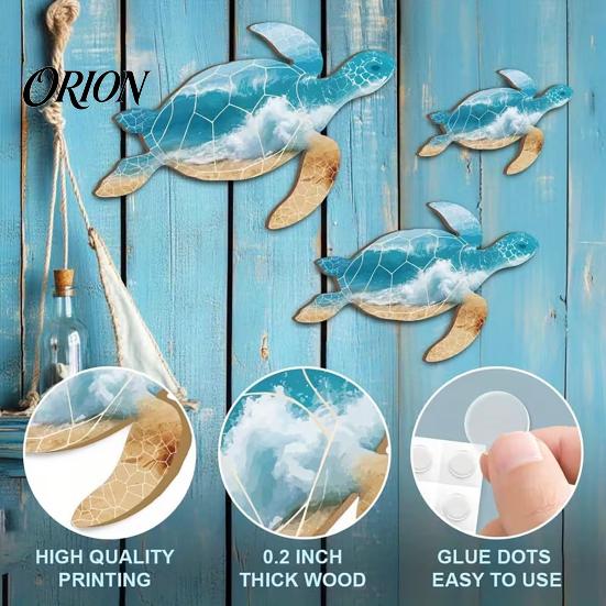 Mediterranean Home Accents 3Pcs Wooden Turtle Wall Art, Ocean Theme Hanging Ornaments for Bathroom Room Decor Living Bedroom, Coastal Beach