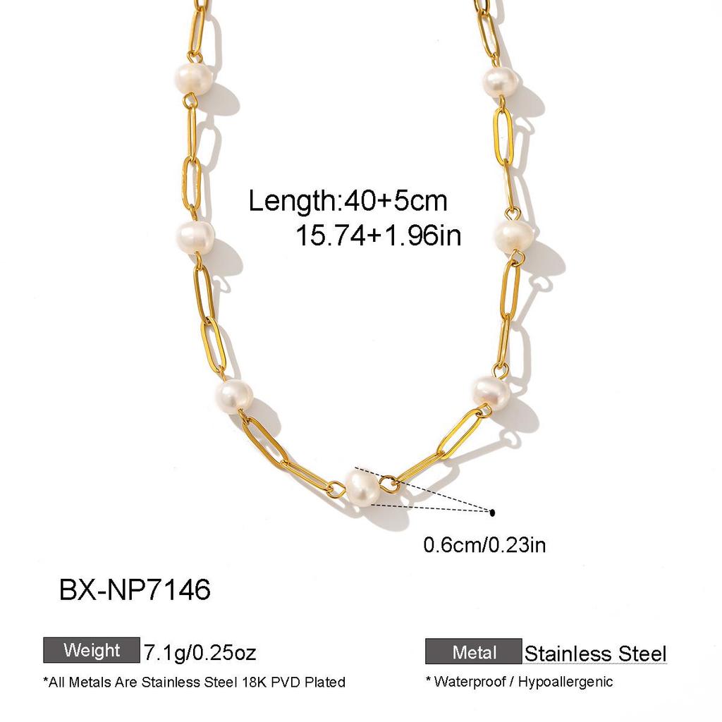 Elegant European & American Natural Pearl Necklace with 18K Gold Plated Paperclip Chain