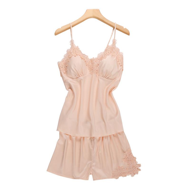 Kadınlar İçin Yazlık Lounge ve Uyku İçin Göğüs Pedli İpek Dantelli Pijama Takımı