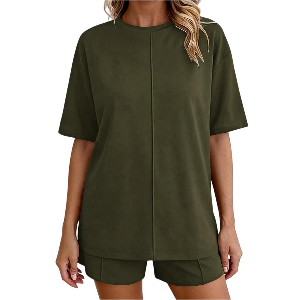 Women’s Short Sleeve Crew Neck Loose Fit Top and Shorts Set Comfortable Two Piece Loungewear Casual Outfits for Daily Wear
