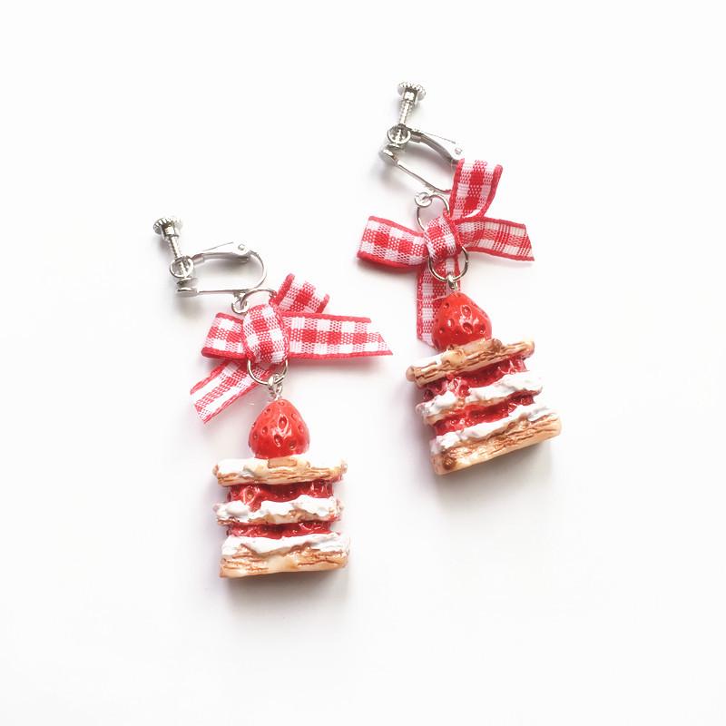 Harajuku Cute Plaid Bow & Mink Fur Ball Earrings with Strawberry Cake Dangles