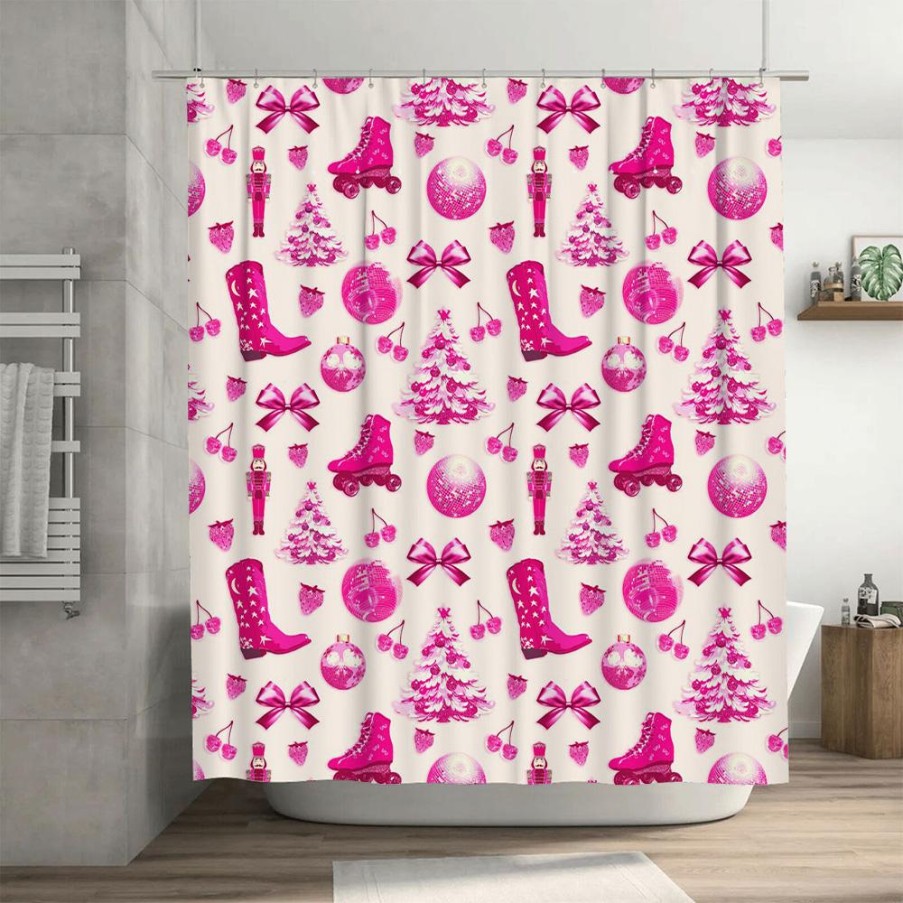 Vintage Christmas Shower Curtain with Pink Festive Print for Bathroom Decor 3D Waterproof Wall Covering Set for Home Decoration