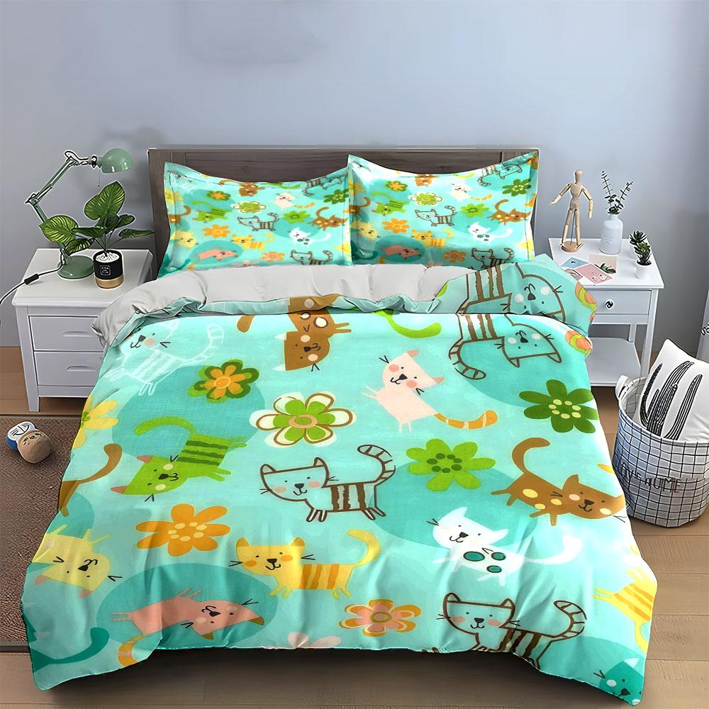 3Pcs Cute Cat Bedding Set, Colorful Cartoon Cats And Flowers Print Duvet Cover + 2 Pillowcases, Kids Nursery Decor