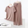 Color Block Cotton Crew Neck Two-Piece Set: Short Sleeve Top & Wide Leg Drawstring Pants